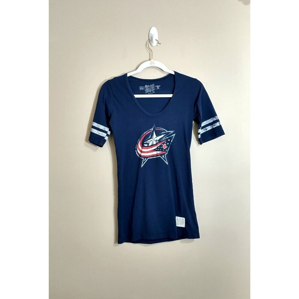 Retro Brand Womens Columbus Blue Jackets T-Shirt S Blue CBJ Logo NHL Hockey Ohio